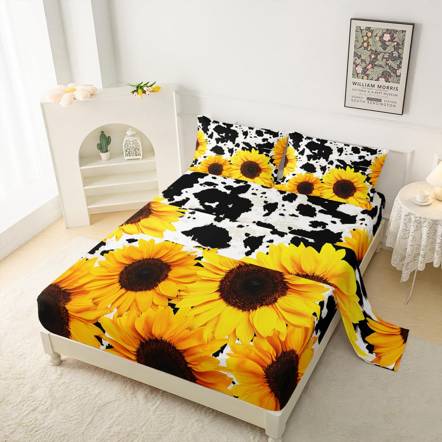 QOOMO Sunflower Sheets Queen Size Cow Print Bedding for Boys and Girls Animal Super Soft Kids Bedding Set Breathable Room Decoration 1 Fitted Sheet, 1 Flat Sheet, 2 Pillow Cases