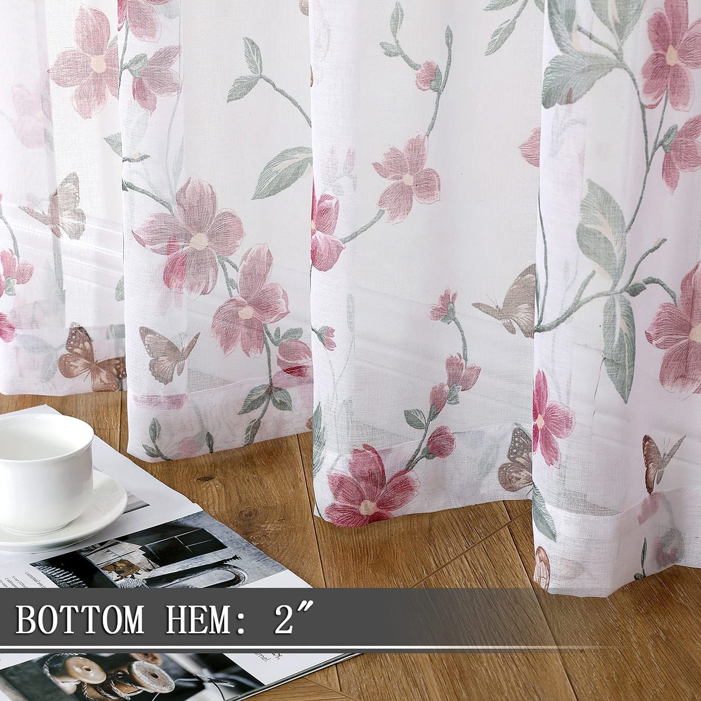 Tollpiz Sheer Floral Curtain Pink Flower Butterfly Printed Bedroom Curtains Rod Pocket Voile Faux Linen Window Curtain for Living Room, 54 x 84 inches Long, Set of 2 Panels