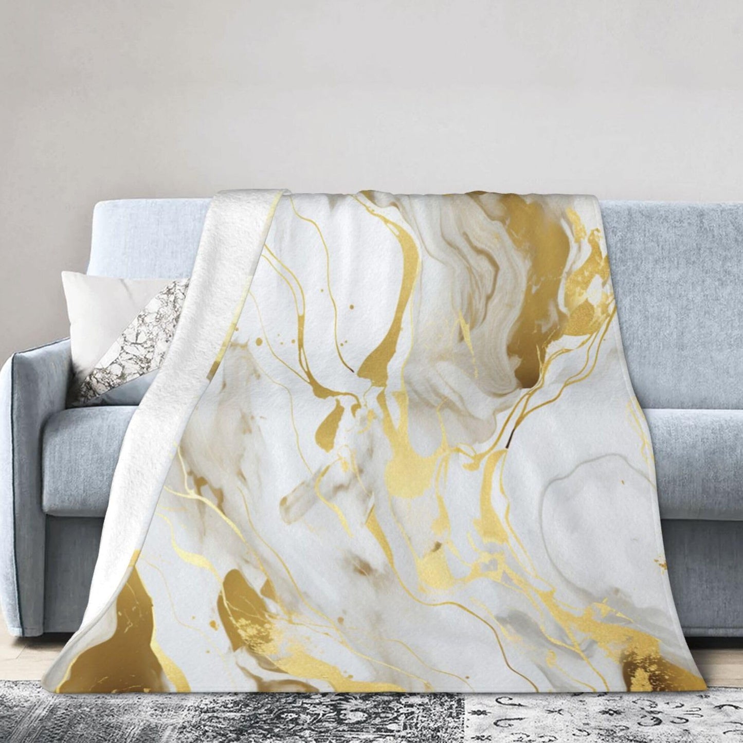 Soft Warm Throw Blanket for Couch Living Room White Golden Marble Texture Print Cozy Fuzzy Throw Blanket for Sofa Bed Blanket 60"x50"
