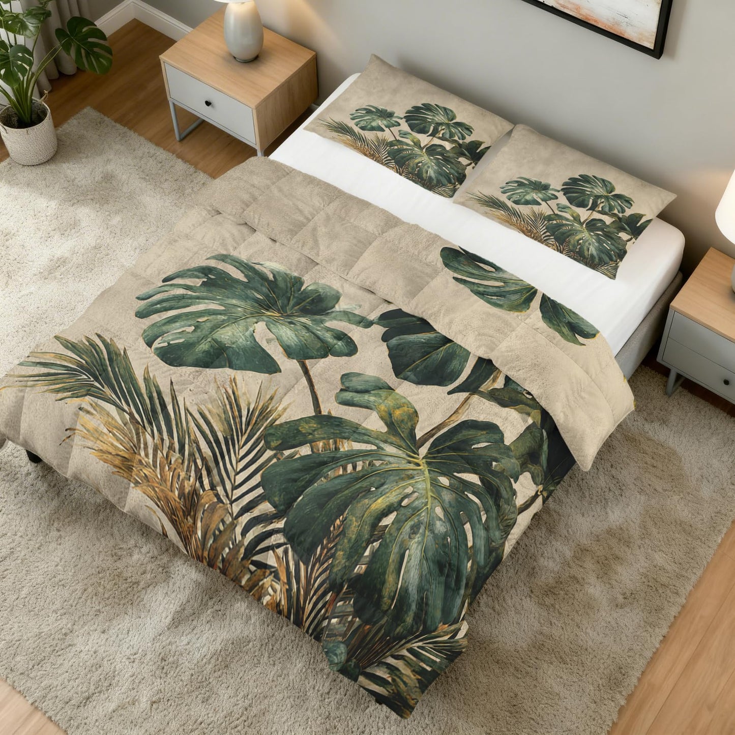 Tropical Leaves Comforter Set King Size 3Pc, Monstera Leaf Pattern Down Alternative Bed Comforter, 2 Pillow Shams, Soft All Season Bedding, Tropical Leaves Bedroom Decor AF3793