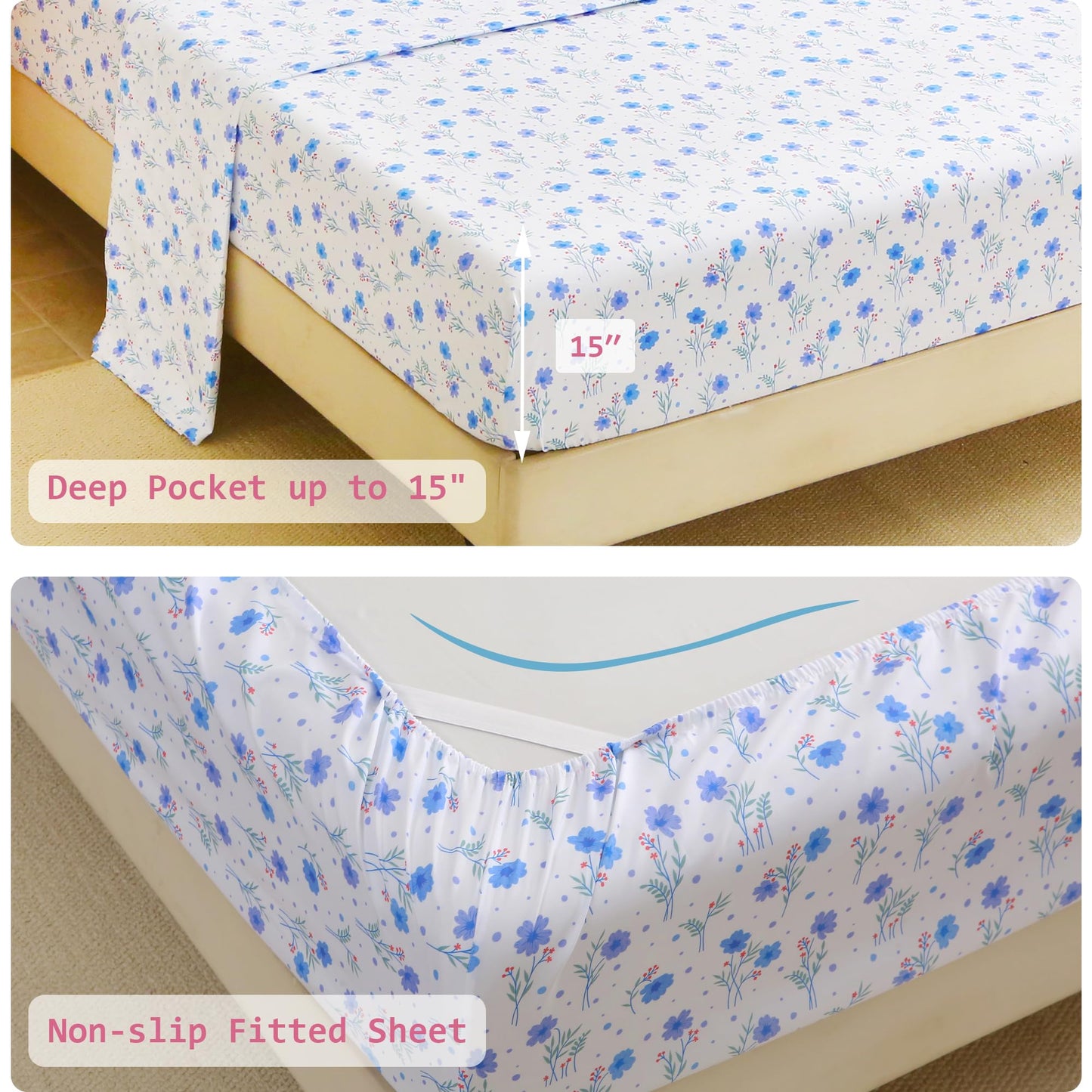 lasoftan Floral Queen Comforter Set with Sheets, 7 piece Luxury Vintage Bedding, Soft Microfiber Bed in a Bag, Cozy Lightweight Bed Set, Purple Flower Green Leaf