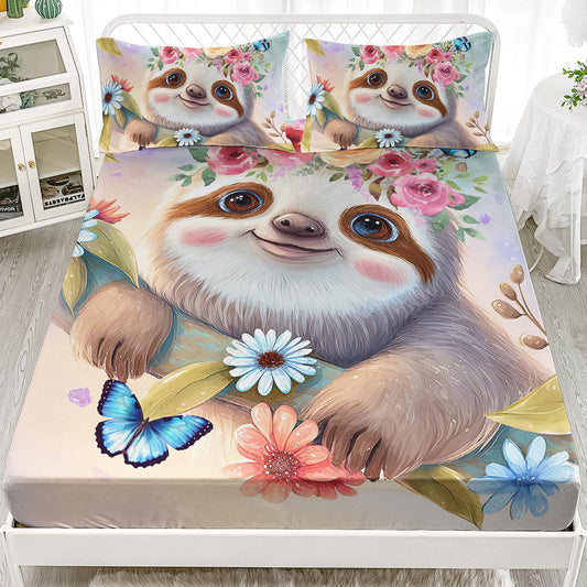 AILONEN Cartoon Sloth Fitted Sheet Set Twin Size, Cute Sloth Kawaii Bed Sheet Set,Watercolor Botanical Floral Sheet for Boys Girls Bedroom Decor 3 Pieces, 1 Fitted Sheet and 2 Pillowcases
