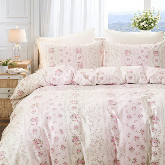 Cozaline Duvet Cover Queen Size - 100% Cotton Reversible Floral Duvet Cover Set with Zipper Closure, 3 Pieces Soft & Breathable Pink Aesthetic Bedding Set