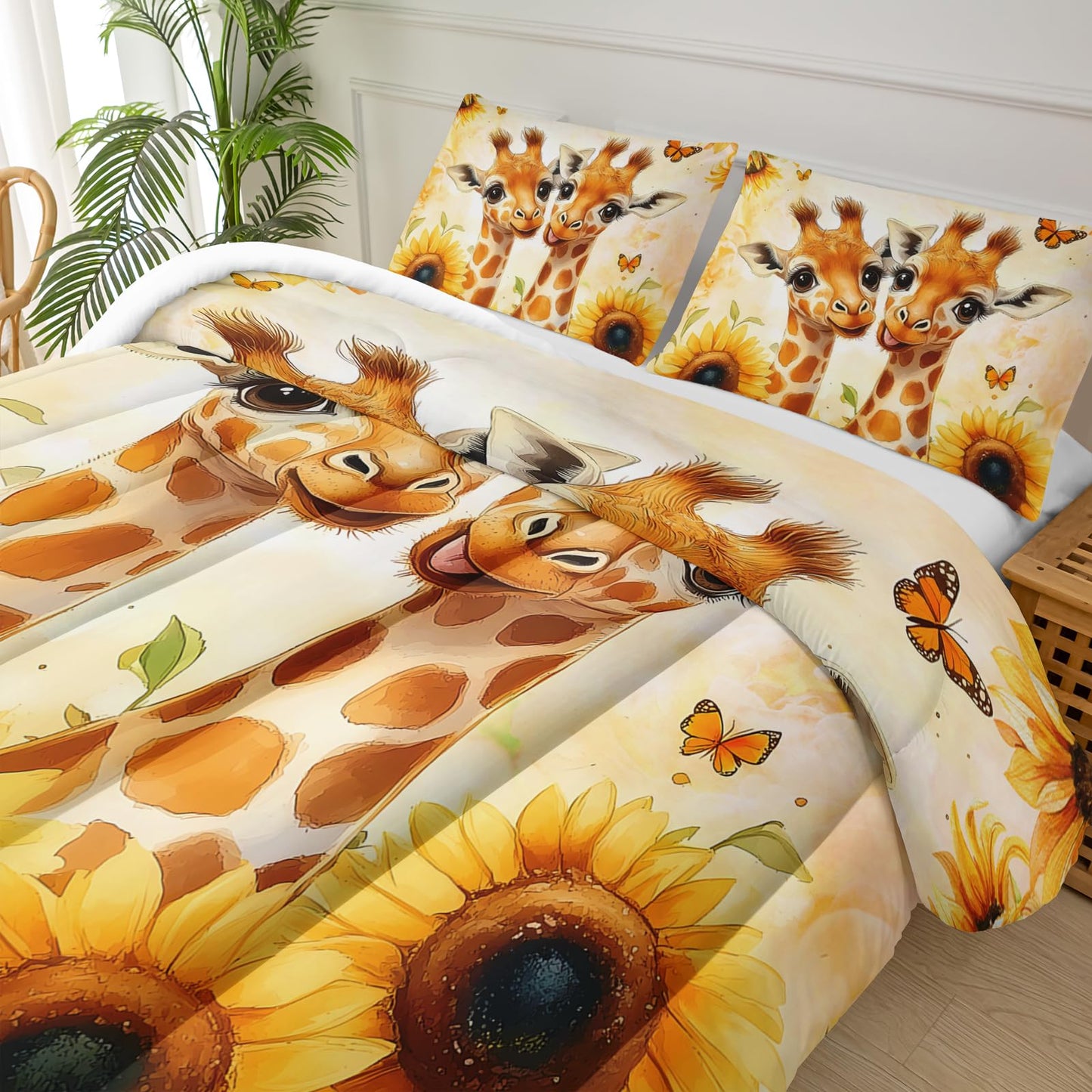 lneffble Sunflower Giraffe Comforter Set Twin Size for Girls,Yellow Giraffe Bedding Set,Flower Butterfly Print Animals Bedding Set,Wildlife Quilt Set,Leopard Pattern Bed Comforter Set