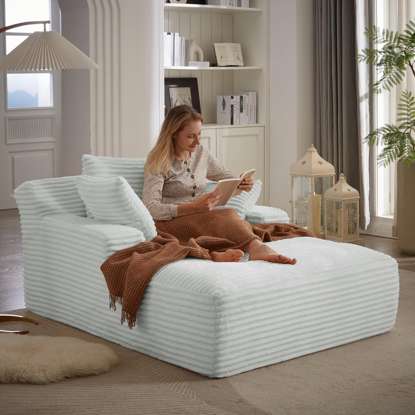 KEIKI 67" Oversized Chaise Lounge Sofa Chair, Corduroy Cloud Sleeper Couch with Deep Seat Comfort, Boneless Lounge Sofa for Reading Nook, Home Office & Relaxing, Modern Futon Couch for Apartments