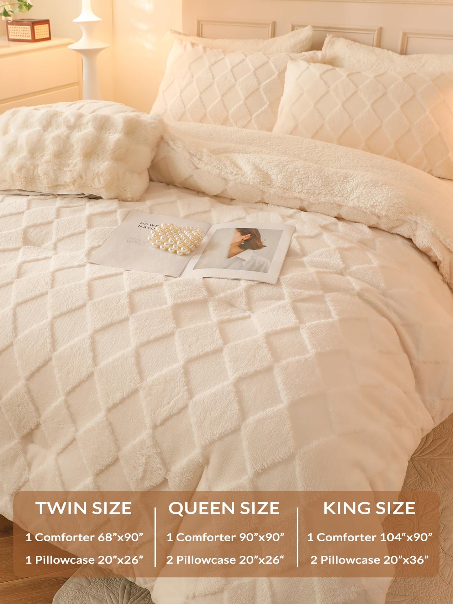 hadamick Tufted Fleece Comforter Set King - Super Soft Warm Fluffy Shaggy Bedding Sets, Diamond Plaid Jacquard Bed Set for Winter, 1 Sherpa Comforter with 2 Pillow Cases (104"X90" Ivory White)