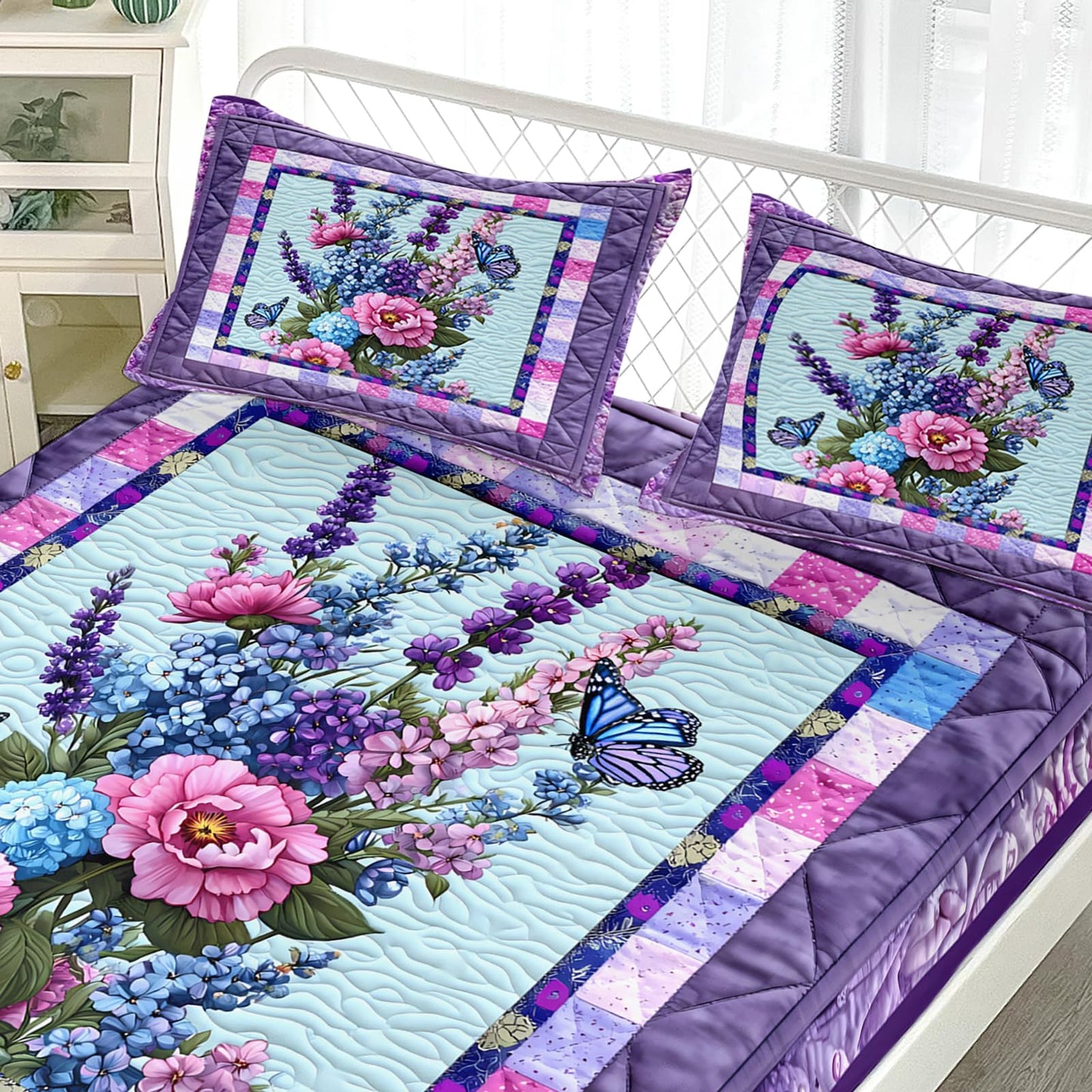 AILONEN Purple Floral Fitted Sheet Set Twin XL Size, Lavender Butterfly Bedding Set for Kids Teens Girls Women,Flower Plaid Bed Sheet Set,1 Fitted Sheet + 2 Pillowcases,3Pcs