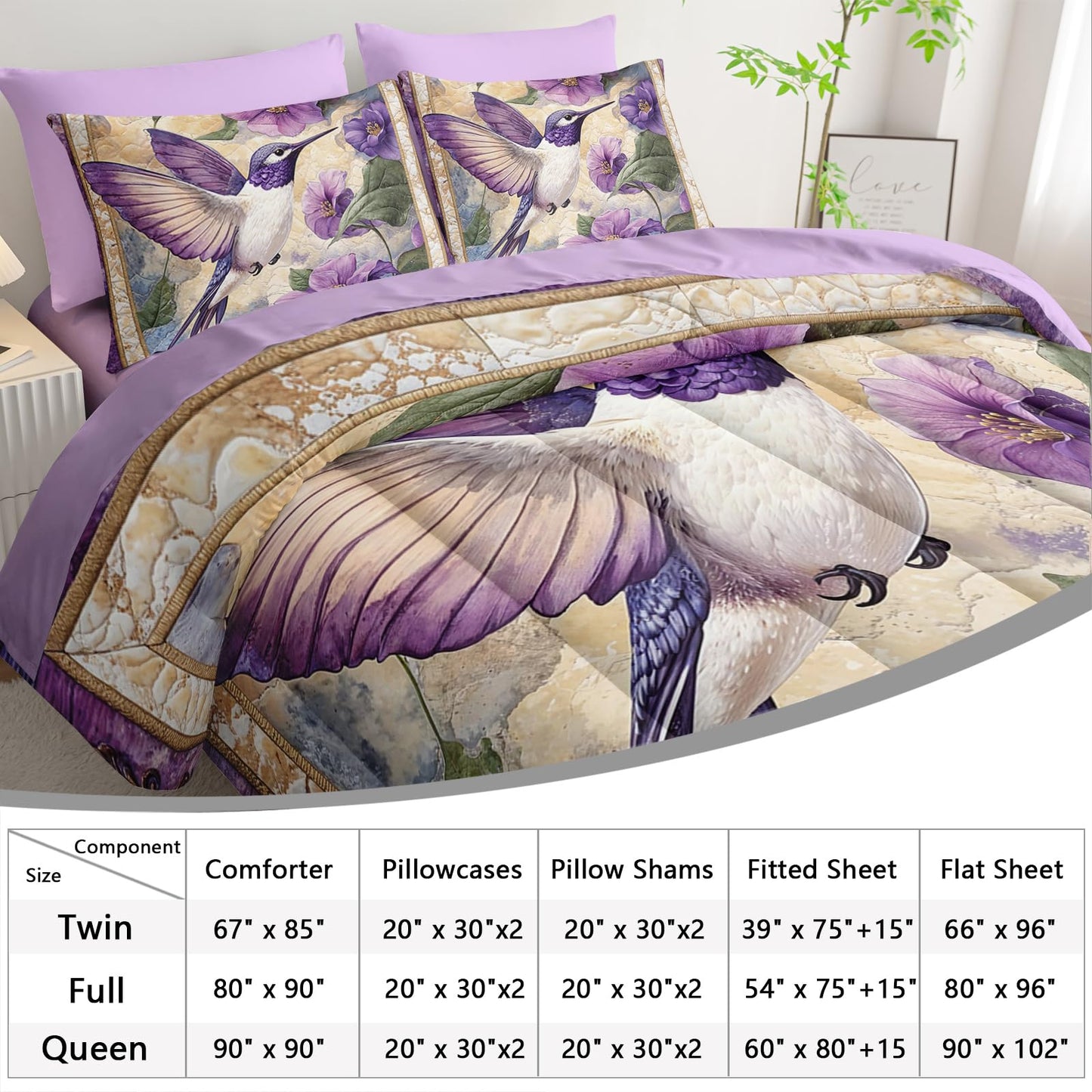 AILONEN Beautiful Hummingbird Bed in a Bag Queen Size - Purple Flower Bird Theme - 3Pcs Soft Microfiber Boho Comforter for Girls Women - (Sheets,Pillowcases)