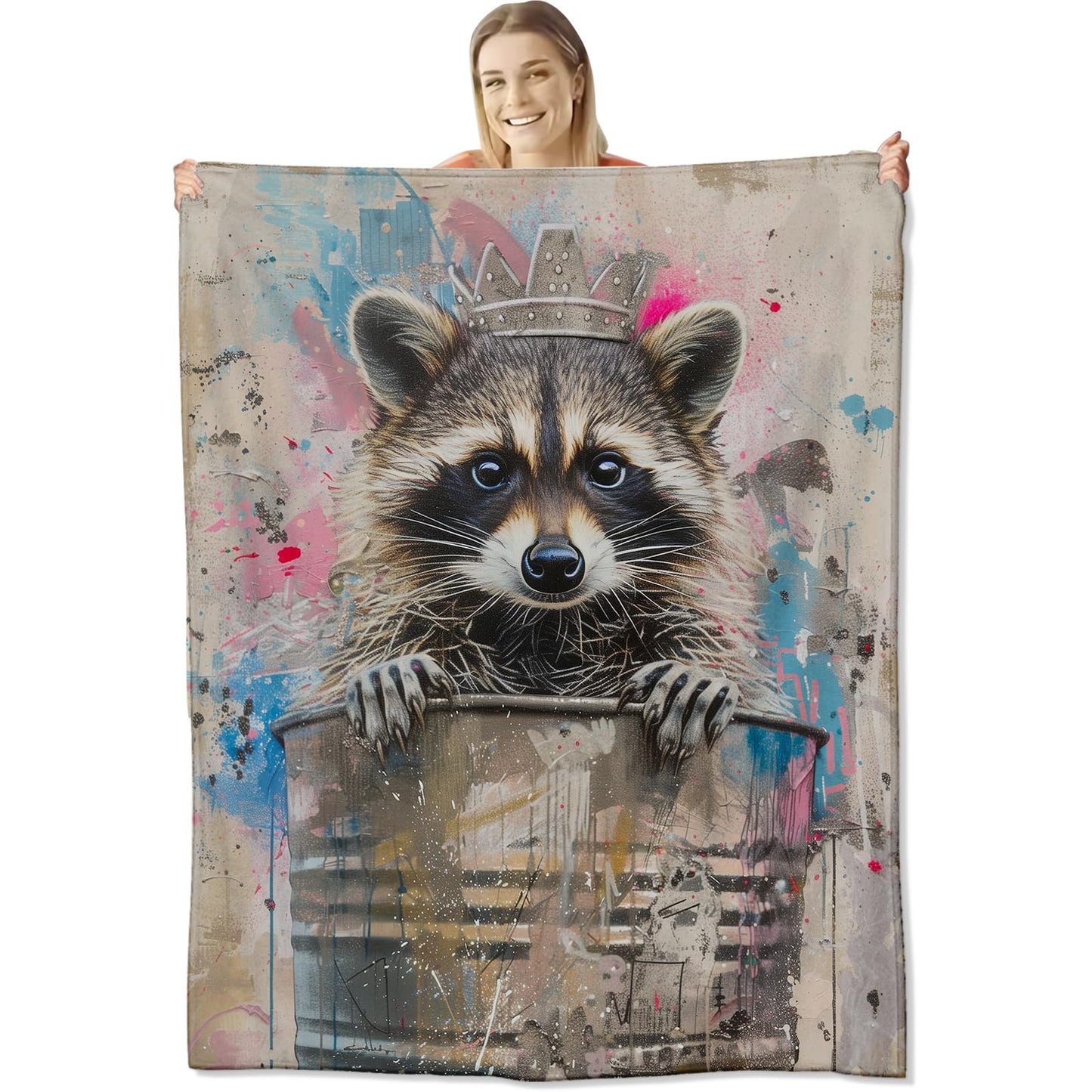 cromcu Raccoon Blanket for Kids and Adults, Adorable Graffiti Wildlife Soft Lightweight Throw for Sofa, Bed, Traveling, Camping Animal Decor Gifts, Single-Sided Printing, 50x60 Inches
