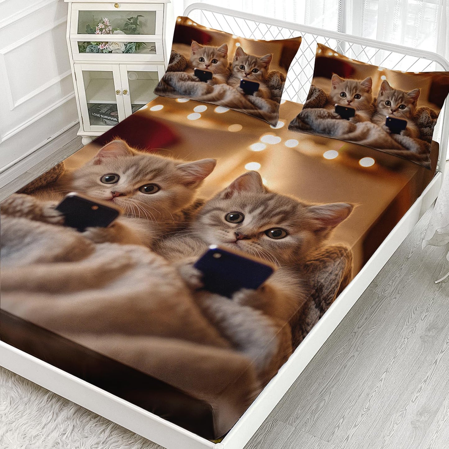 AILONEN Lovely Cat Fitted Sheet Set Queen,Pet Cats Animal Themed Deep Pocket Sheets + 2 Pillowcases,3-Piece Kawaii Kitten Printed Soft Bed Sheet Set for Kids Boys Girls