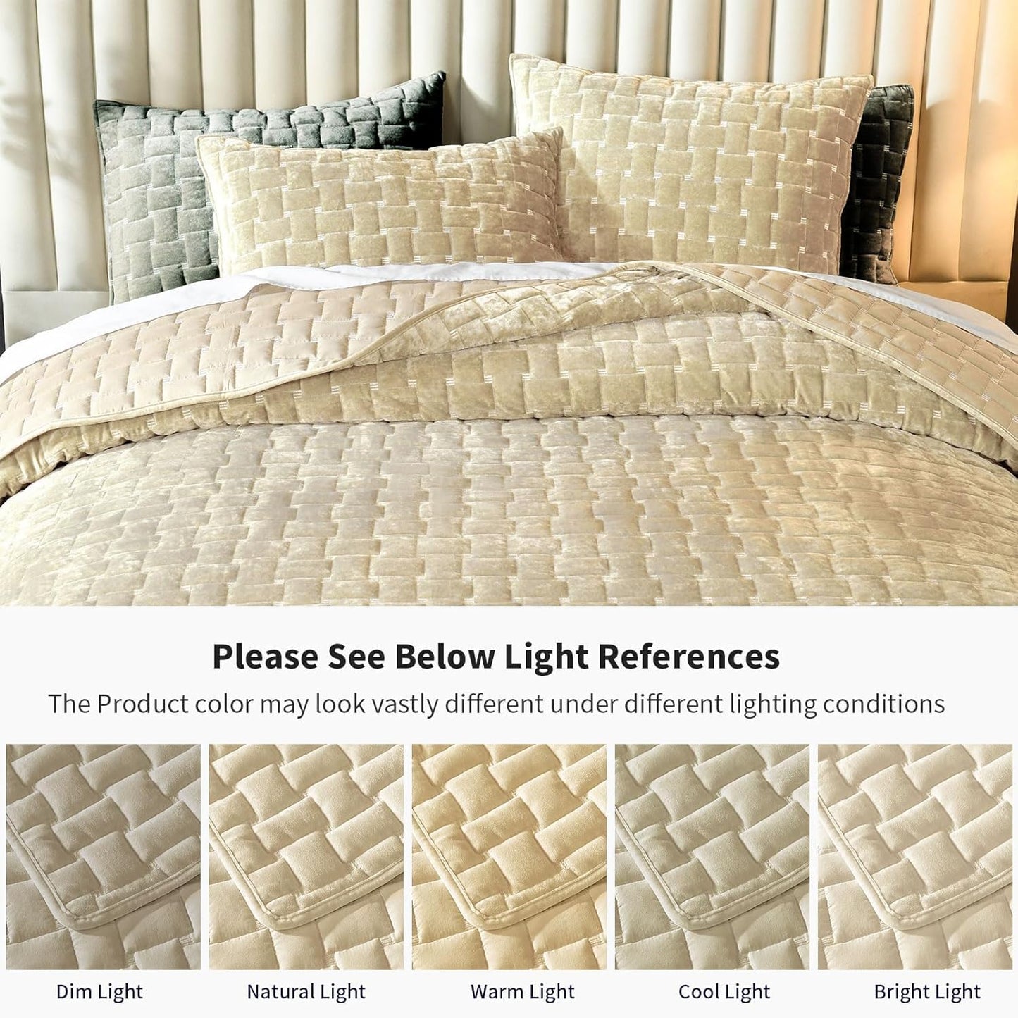Grassix Velvet Quilt Set Queen Size, 3 Pieces Lightweight Velvet Comforter with Pillow Shams, Geometric Quilted Bedspread Coverlet Bedding Set for All Seasons, Beige, 90"x96"