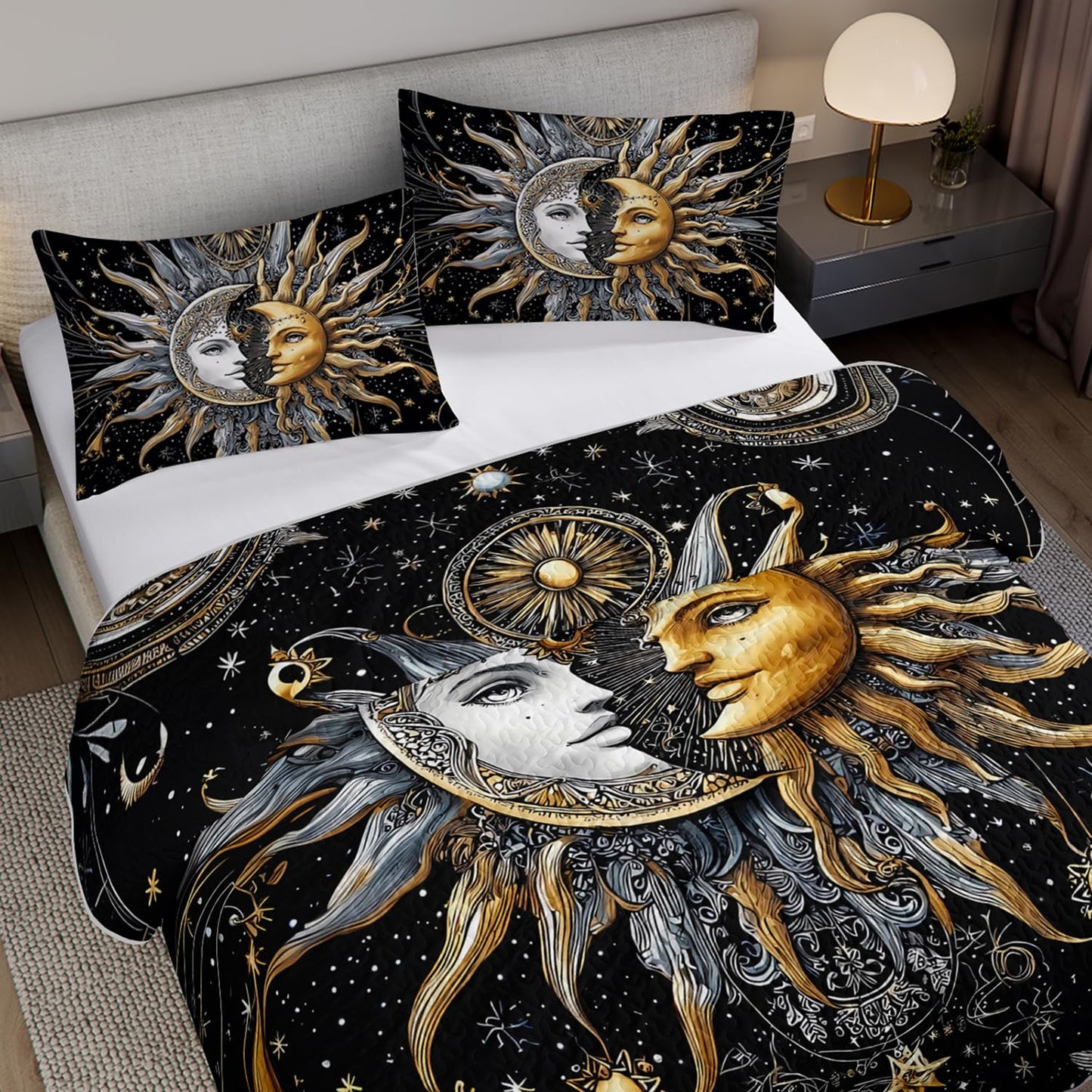 XYNHML Sun Moon Star Quilts Bedding Full 3Pcs Mystic Celestial Galaxy Starry Quilt Bed Set Occult Crescent Lightweight Soft Bedspread Coverlet with 2 Pillowcases for Kid Boy Girl Teen Adult Bed Decor