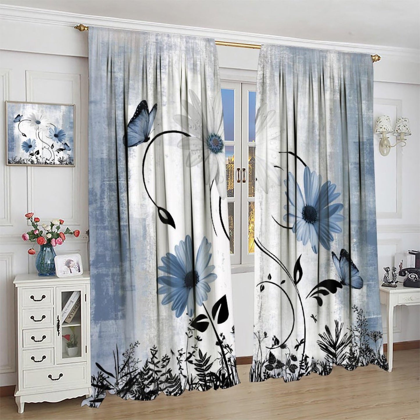 AAVEUP Blue White Daisy Curtains for Kitchen Farmhouse Modern Flower Retro Floral Spring Butterfly Rural Country Style Window Treatments Print for Girls Bedroom Living Room 42x45in（No Blackout）
