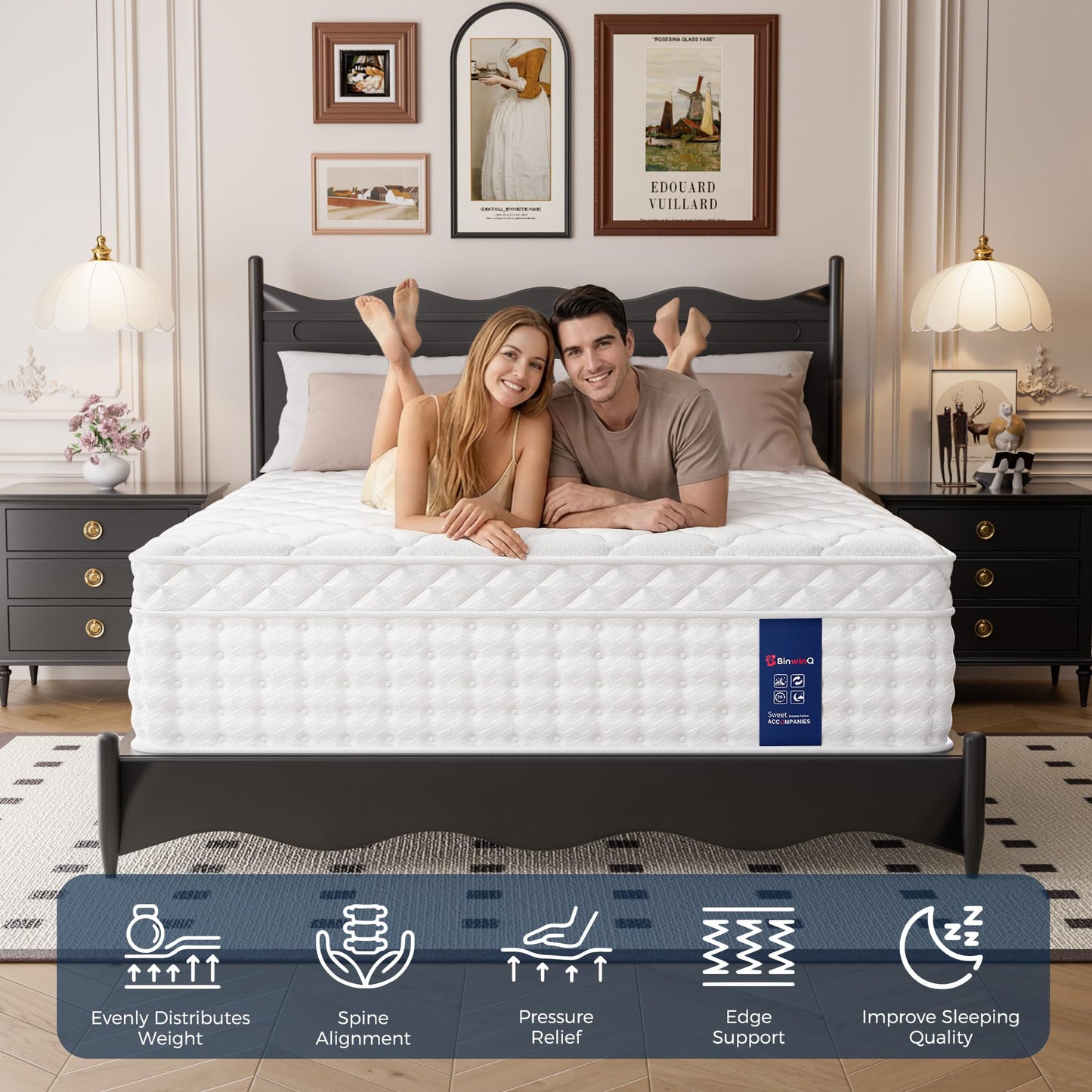 BinwinQ 12 Inch Full Size Hybrid Mattress in a Box, Plush Mattress with Memory Foam & Individually Pocketed Springs, Zoned Support, Pressure Relief & Comfort Sleep, CertiPUR-US Certified