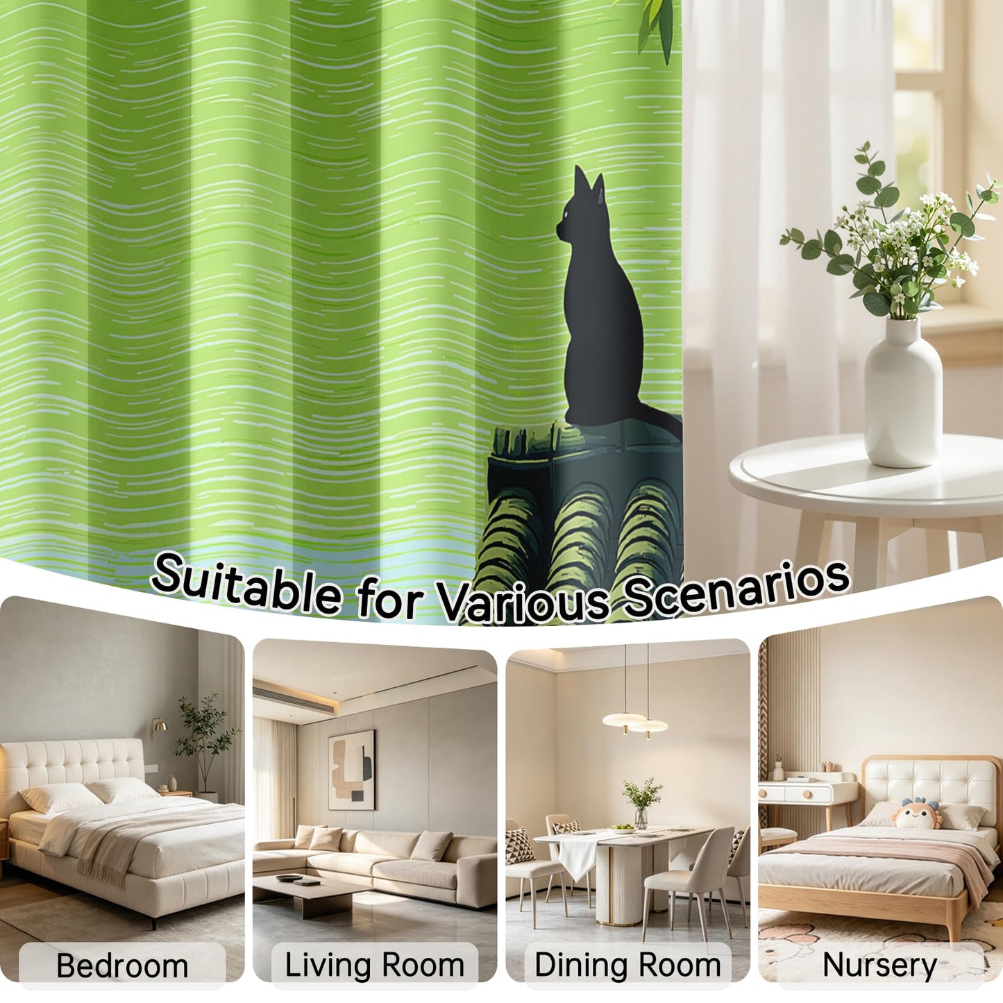 Mistwalk Black Cat Silhouette Blackout Curtains 63 Inches Long, Patterned Curtains for Bedroom & Living Room, Room Darkening Thermal Insulated Grommet Drapes, Japanese Bamboo Forest Window Treatments