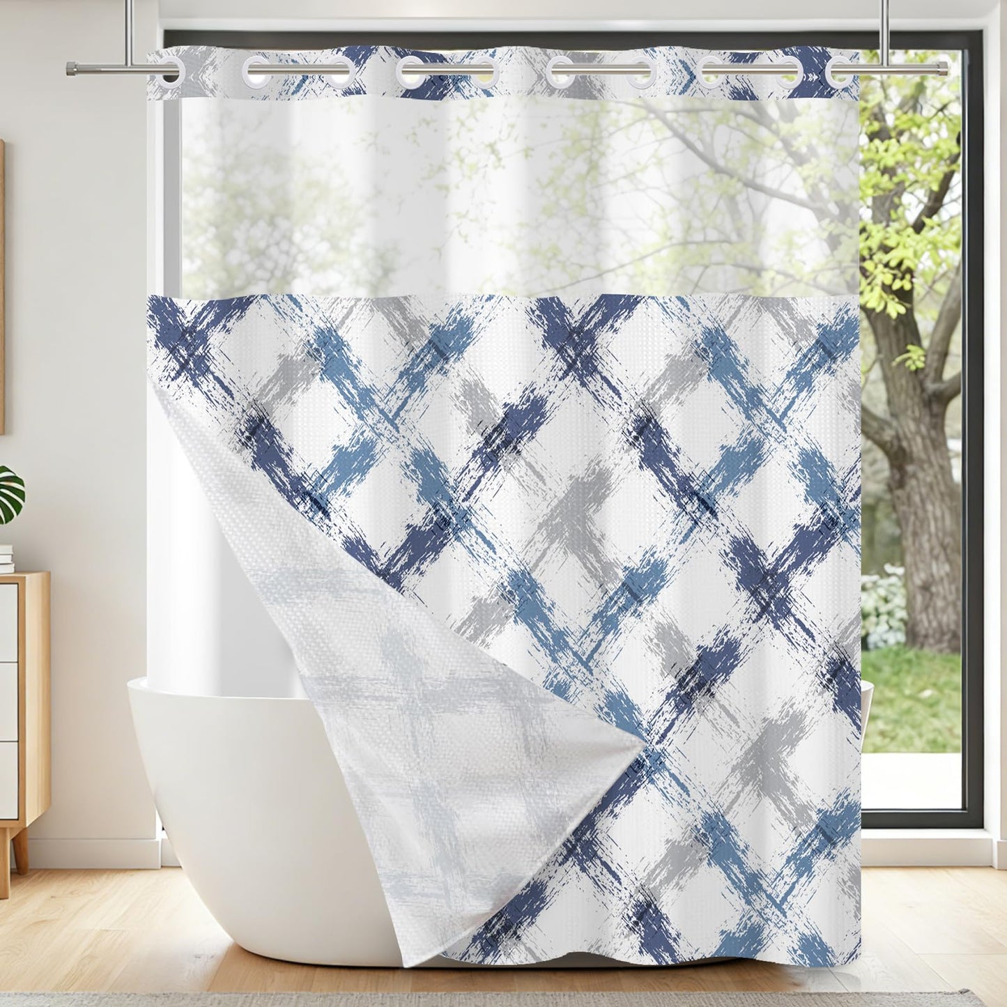 NAEMBCU No Hook Waffle Shower Curtain with Snap in Liner 71x74 Inch