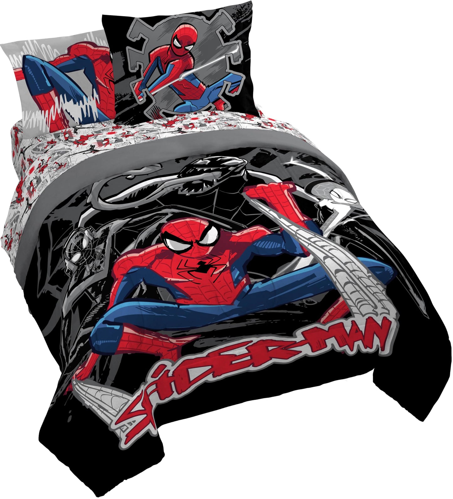 Jay Franco Kids Bed Set, Black, Spiderman, 7 Piece Queen