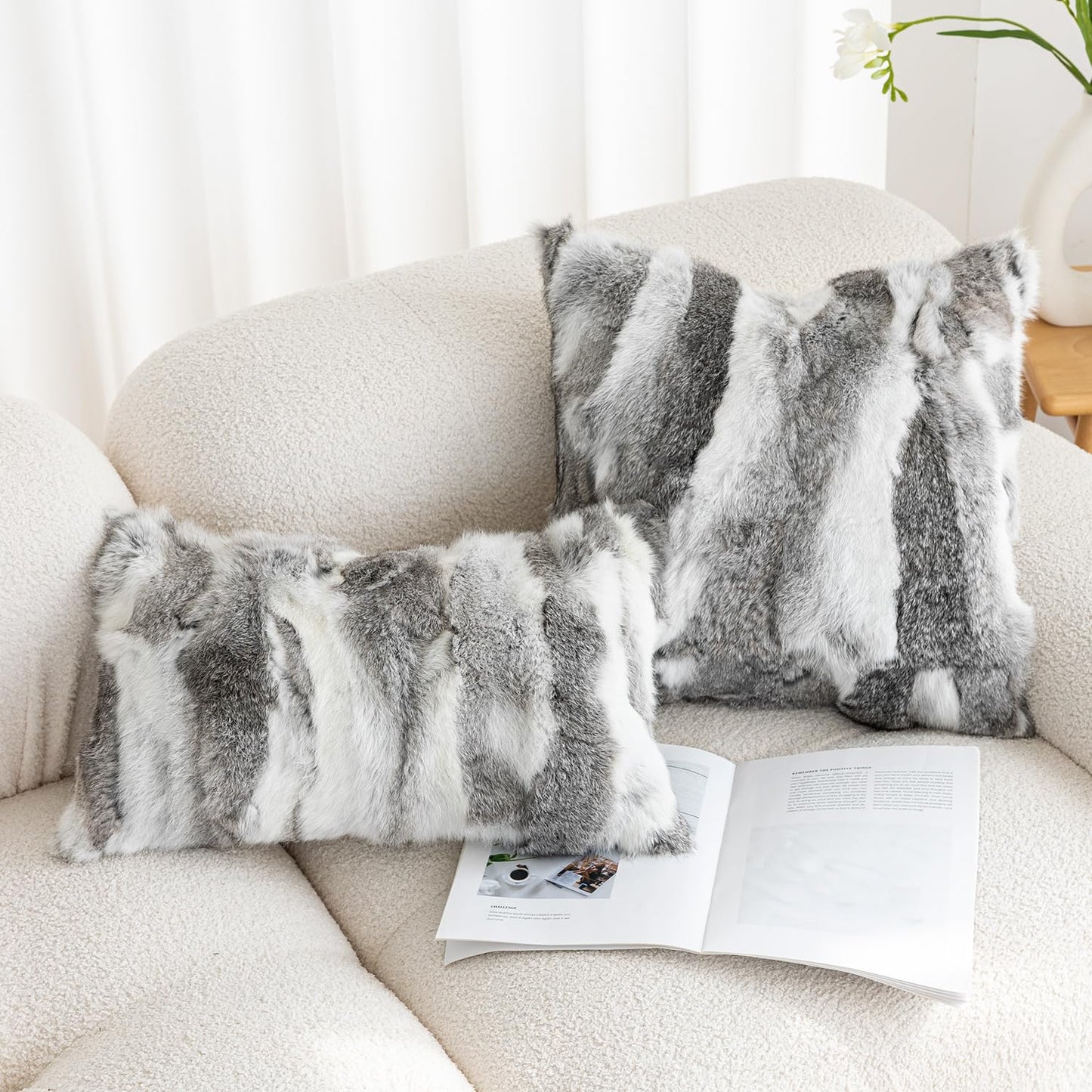 ROSE FEATHER Genuine Rabbit Fur Pillow Covers Set of 2, Luxury Decorative Throw Pillowcases Fluffy Animal Skin Accents Bolster Cushion Cover for Couch Sofa Bedroom Living Room Home,12x20inch, Grey