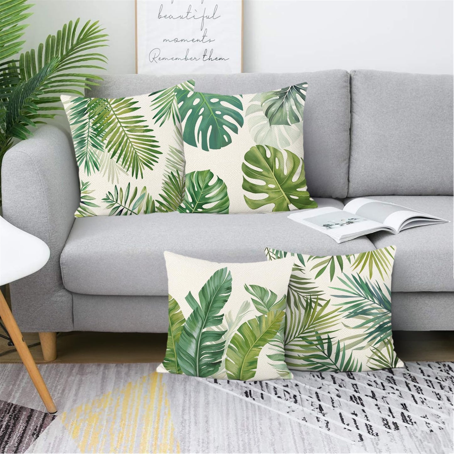 Bonhause Tropical Leaves Throw Pillow Covers 18 x 18 Inch Green Palm Leaf Decorative Pillows Polyester Linen Cushion Cases for Couch Sofa Bed Home Decor Set of 4