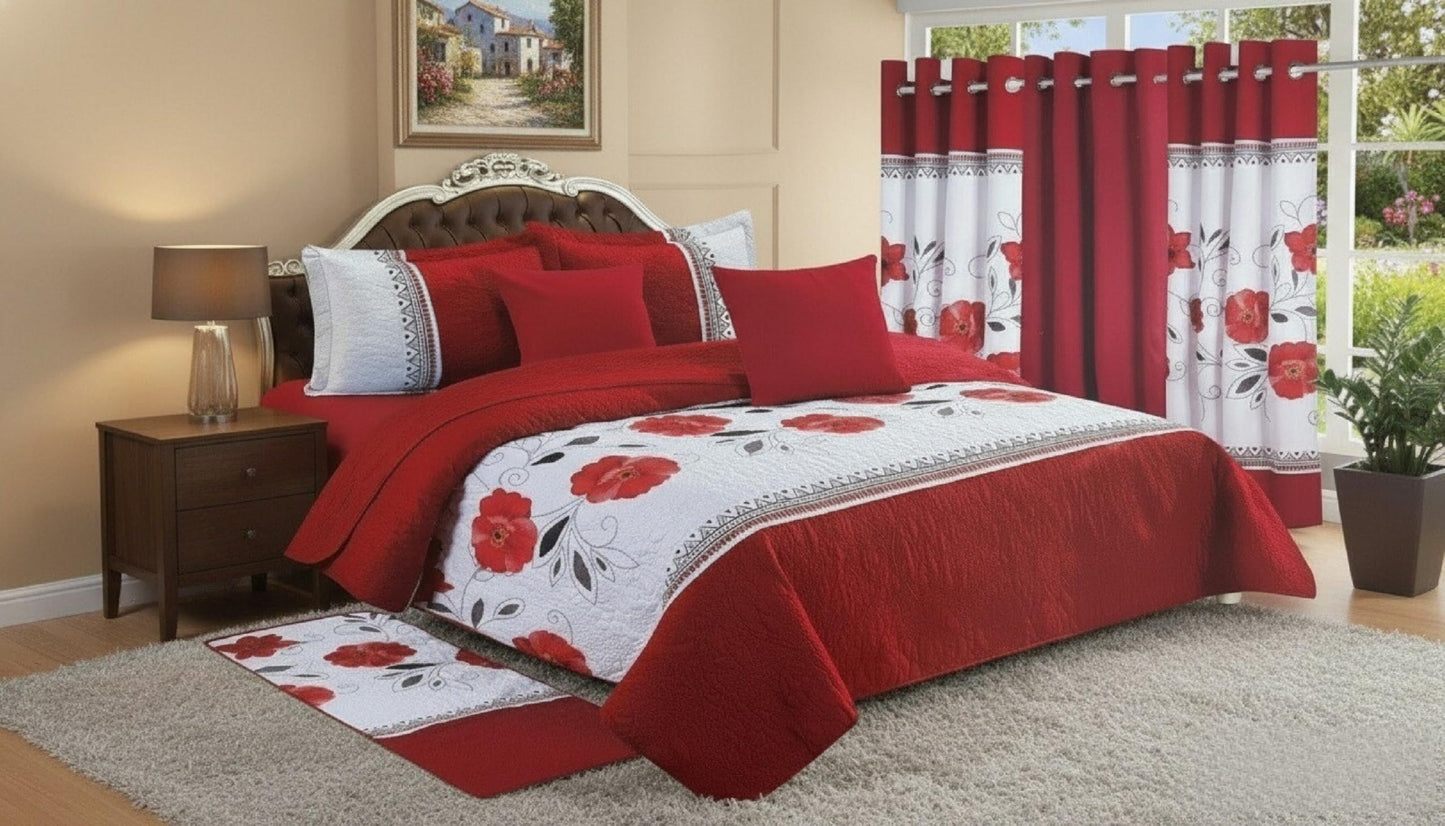 JKCCZLL Queen Size Quilt 12 Piece Set Floral Bedding with Matching Curtains Fitted Sheet Red Queen