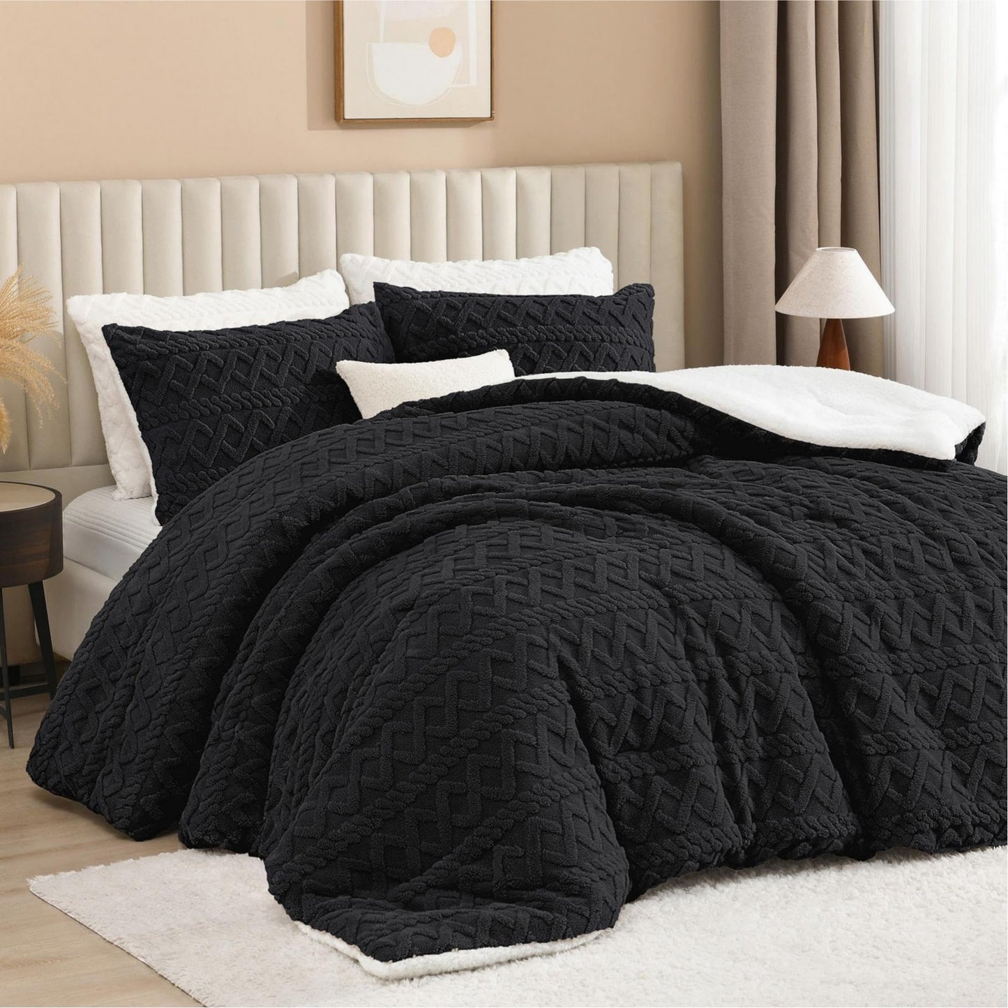 Andency Fluffy Comforter Set Queen Size, Black Sherpa Fleece Super Soft Warm Bedding for Winter, Luxury Boho Jacquard Thick Fuzzy Plush Bed Set 3 Pieces(1 Shaggy Comforter, 2 Pillowcases)