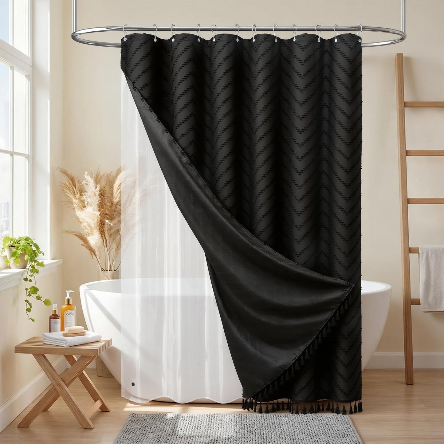 Dynamene Black Boho Shower Curtain and Liner Set, Farmhouse Fabric Shower Curtain and Waterproof Clear Liner, Tufted Chevron Striped Textured Tassel Shower Curtains for Bathroom with 12 Hooks, 72x72