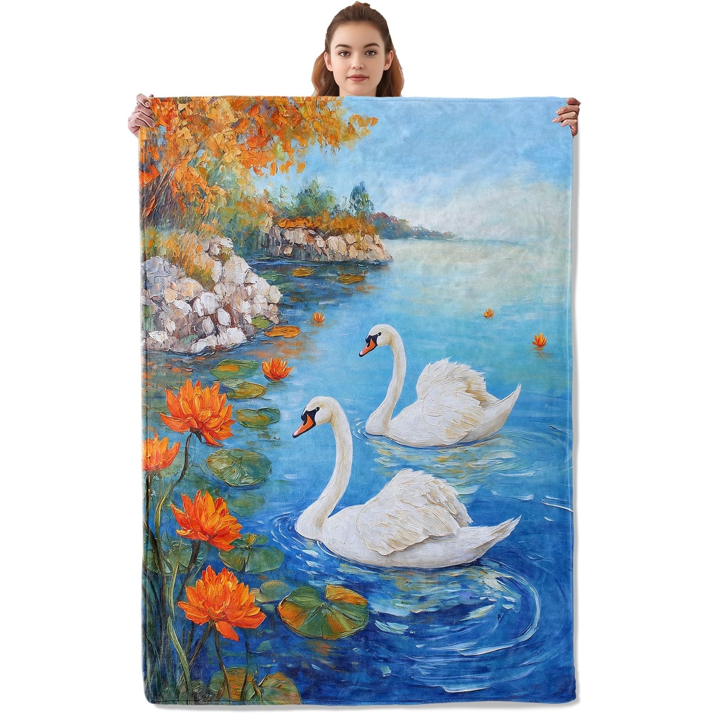 Kibue White Swan in The Lake Blanket - Soft & Cozy Flannel Plush Lightweight Throw Blanket for Travel, Office, Bedroom, Sofa - Warm Decor for Adults Kids Women Men 60"×50"