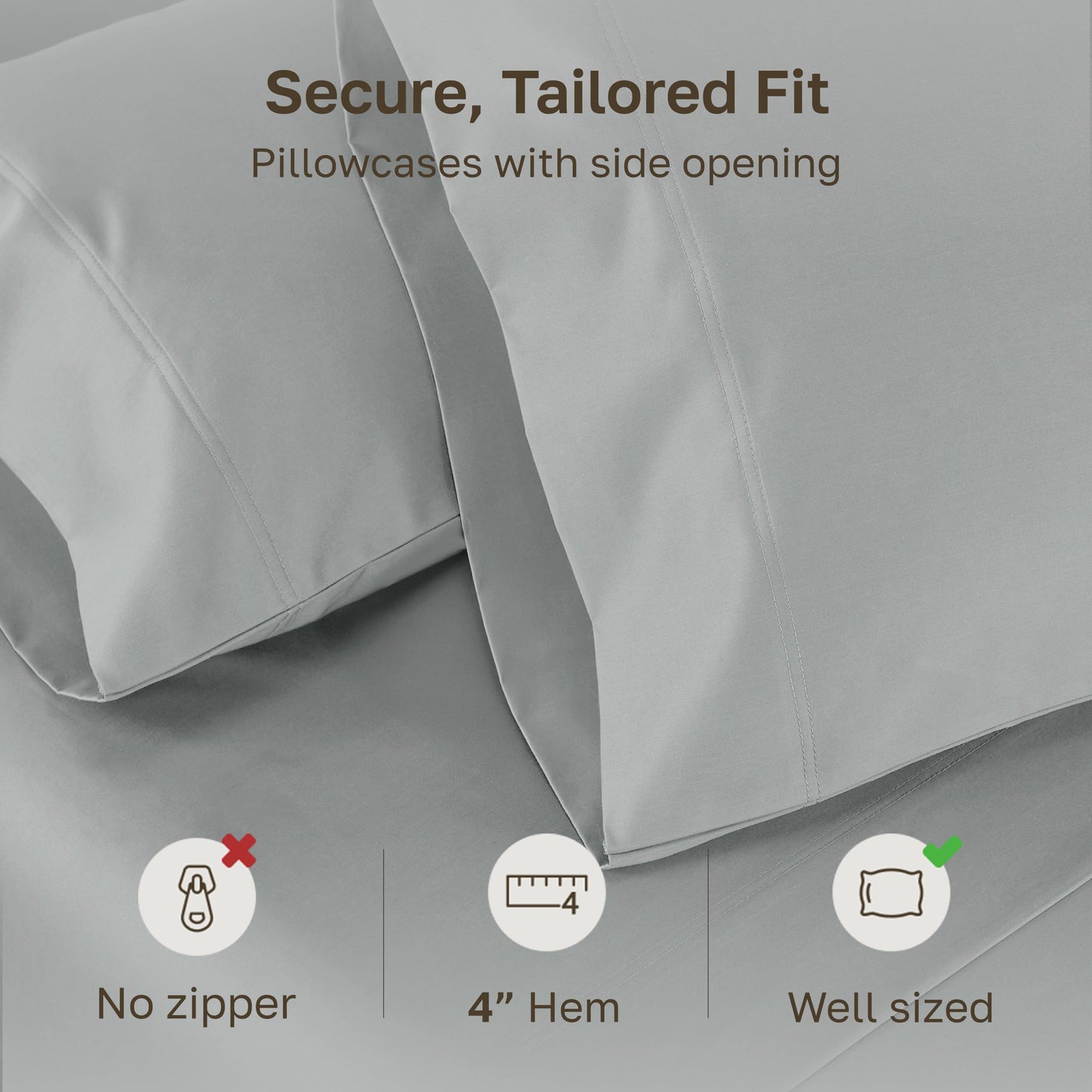 Heirloom Soft, Smooth & Thick Certified 800 Thread Count 100% Cotton Sateen, 2 Pillow Cases King Size, Fits King Pillows (Light Grey)