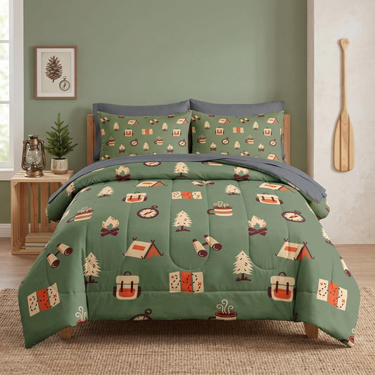 Nesker 7 Pcs Comforter Set Full Size, RV Camping Camper Vintage Bedding Set for Kids and Adults, Adventure Map Retro Bed Sheet Sets with Fitted Sheet 2 Pillowcases & 2 Shams
