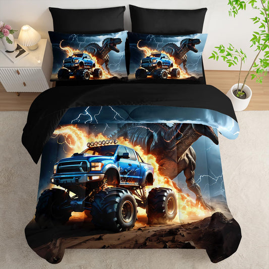 AILONEN Boys Dinosaur Comforter Set Full,7Pcs Cartoon Monster Truck Bed in a Bag for Kids,Soft Breathable,3D Printed Comforter & Fitted Sheet with Flat Sheet & 2 Pillowcases,2 Pillow Shams,Black