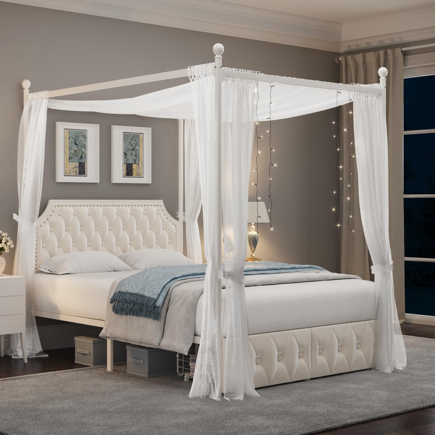 Keyluv Full Upholstered Canopy Bed Frame with 2 Storage Drawers & Button Tufted Headboard, Metal Platform Bed with 4 Removable Posts, Two-Purpose Velvet Bed, Beige/Curtain Not Included