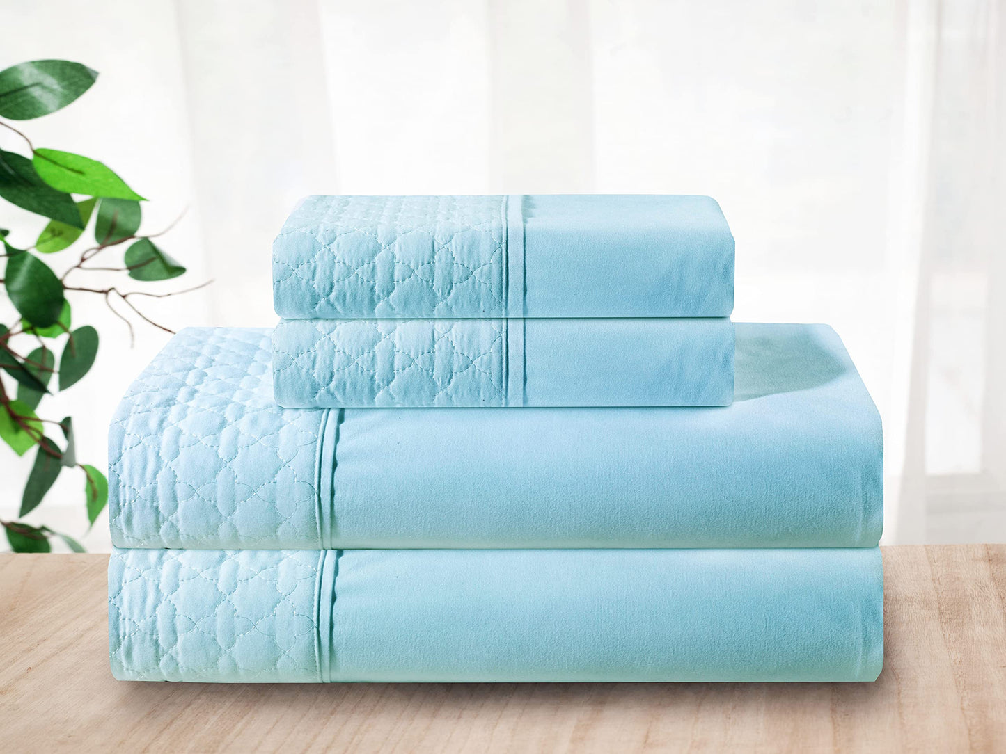 Elegant Comfort Luxury Soft Coziest 4-Piece Bed Sheet Set 1500 Thread Count Egyptian Quality Microfiber Wrinkle Resistant Beautiful Quilted Design on Flat Sheet and Pillowcases, Queen, Aqua