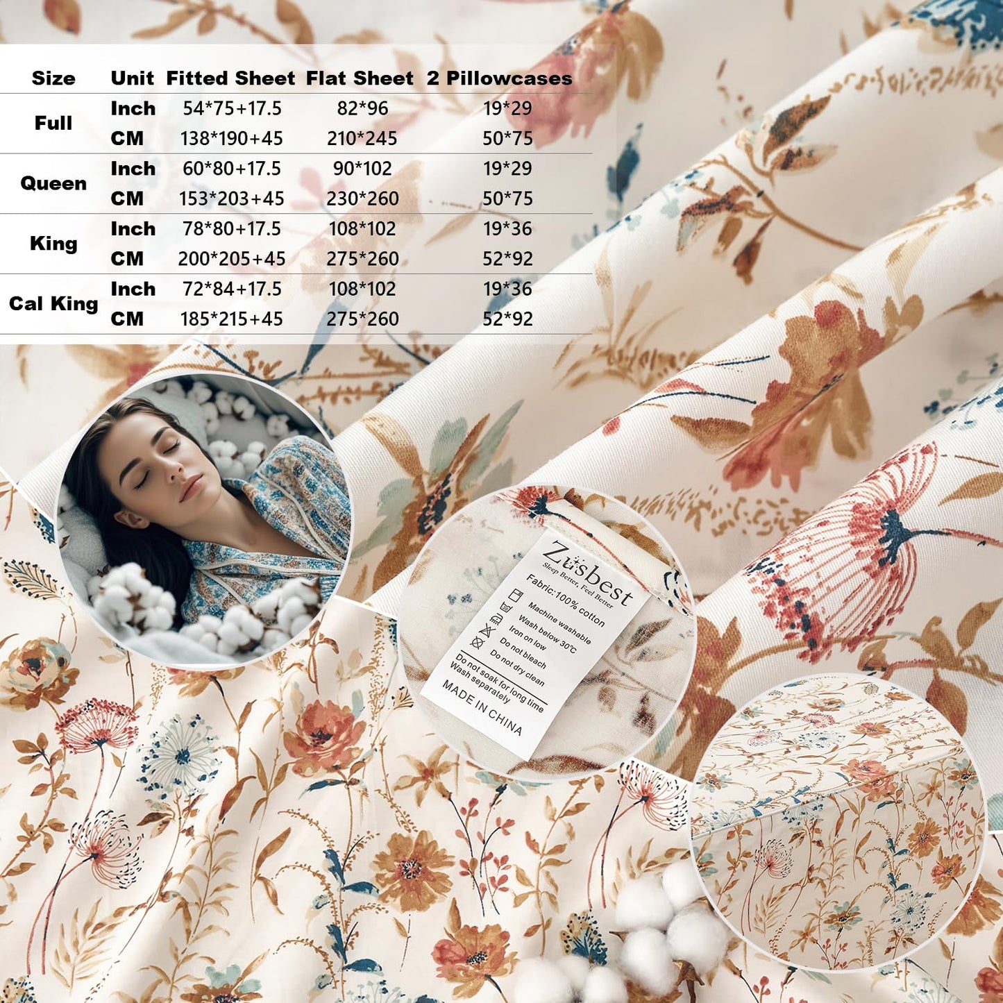 Zusbest Queen Sheets Set 100% Percale Cotton - Boho Floral Botanical Printed Bedding with Deep Pocket 17.5'', Vintage Burnt Orange & Teal Design, 4-Piece Soft Breathable Sheets