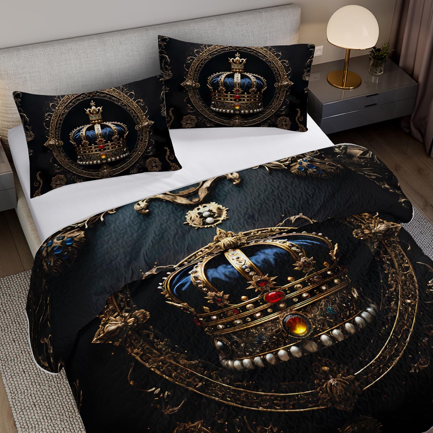 XYNHML Golden Crown Printed Quilt Bedding Full 3Pcs Diamond King Crown Bed Set Retro Mystic Flower Pattern Lightweight Soft Bedspread Coverlet with 2 Pillowcases for Kid Boy Girl Teen Adult Bed Decor