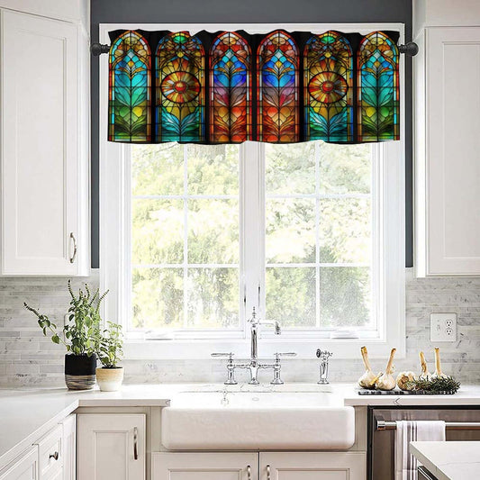 BenYaSong Fantasy Castle Glass Blackout Window Valance Curtain, Colorful Stained Glass Window Abstract Stained-Glass Background for Home Kitchen Restaurant Decoration Window Valance 1 Panel 54x18inch