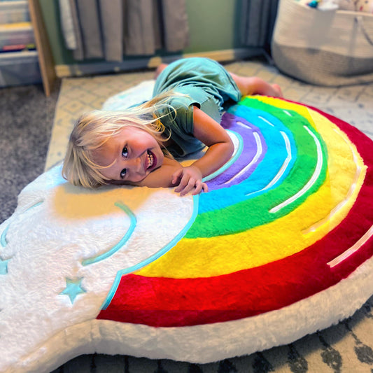 FluffyFloor Cushion Rainbow Cloud Inflatable Floor Pillow, Kids' Soft and Cozy Floor Seat, Colorful Room Décor for Bedroom or Playroom, Girls & Boys Ages 3+