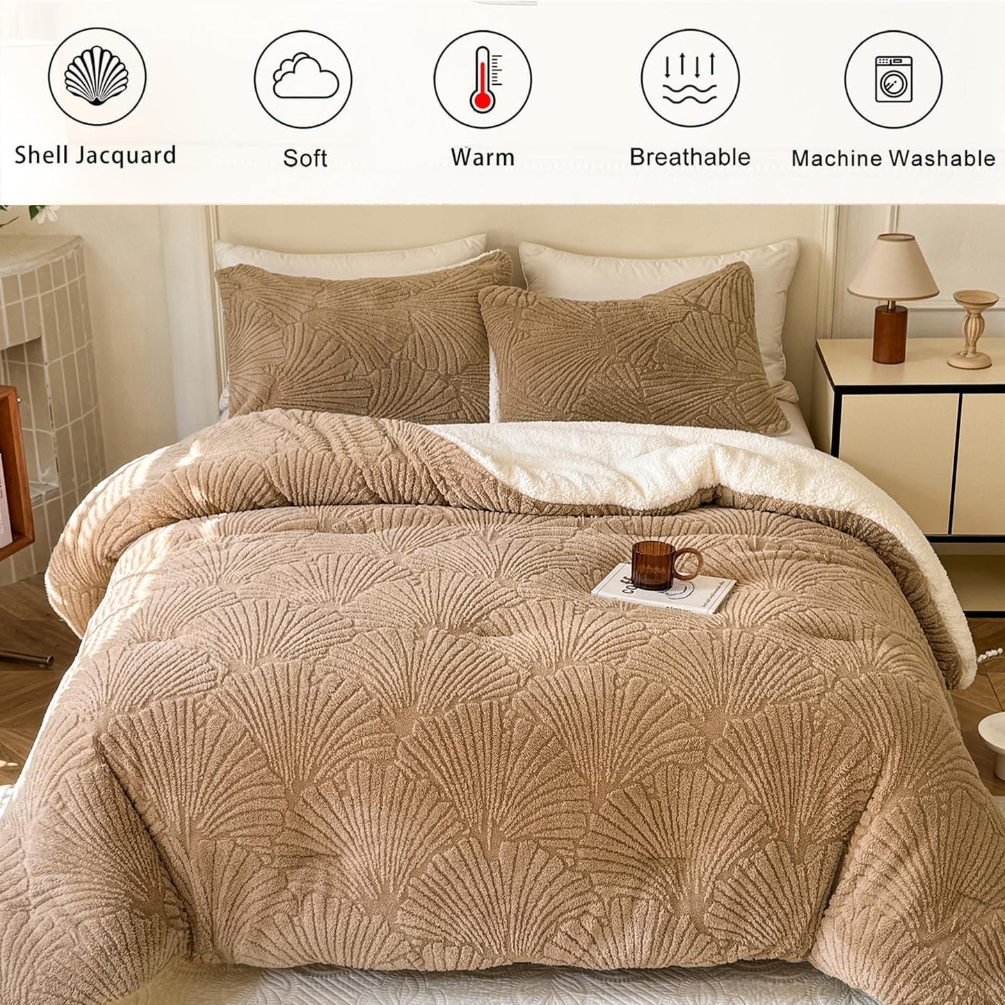 tohrisa Seashell Jacquard Sherpa Comforter Set Warm Cozy Premium Bedding 3 Pieces, King Size Geometric Pattern Quilt Comforter with 2 Pillowcases(104"X90" Beige)