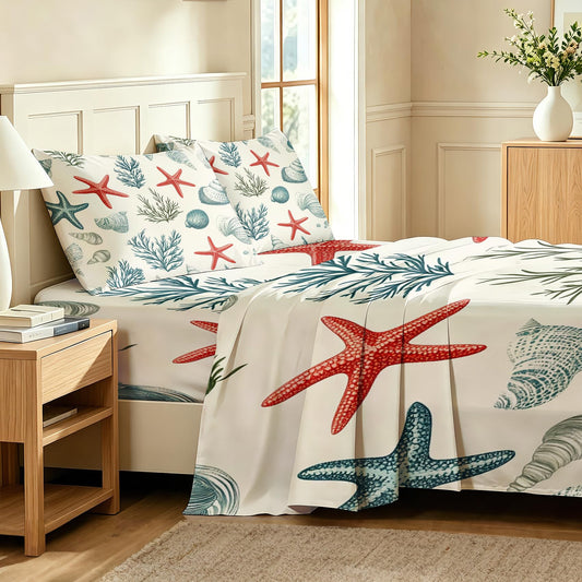 Coastal Queen Sheet Set 4 Pcs Marine Life Bed Sheets