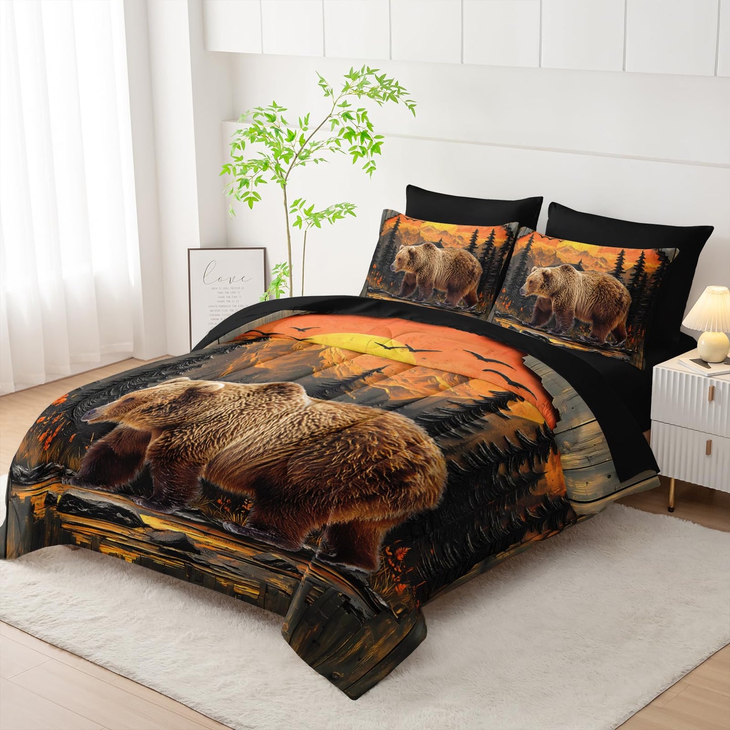 AILONEN Rustic Bear Bedding Twin Size 7-Piece Soft Bed in a Bag, Wildlife Hunting Comforter & Fitted Sheet & Flat Sheet & 2 Pillowcases,2 Pillow Shams for Bedroom Decor