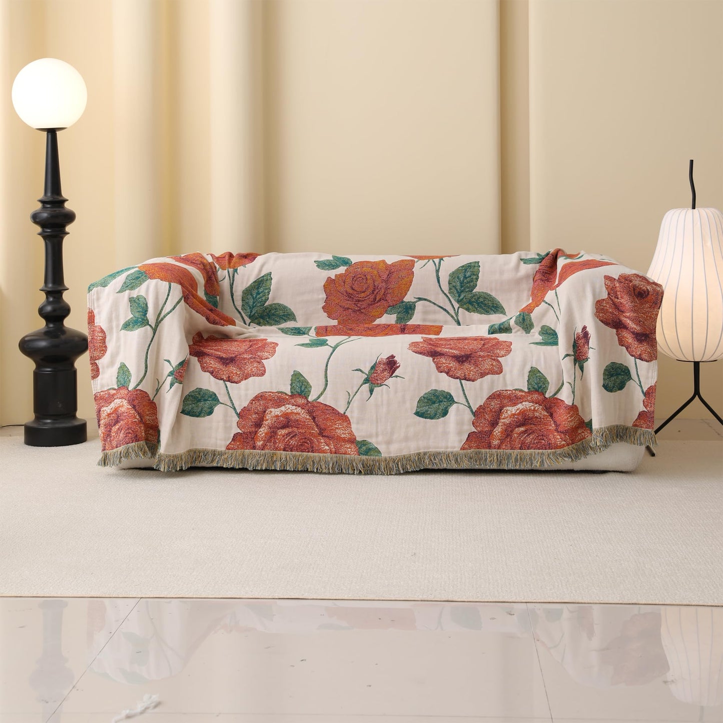 BRYALIX 100% Cotton Muslin Floral Throw Blanket, Red Rose Pattern, Lightweight Quilt, Boho Farmhouse Decorative Fringed Reversible Jacquard Throw for Home, Picnic, Travel, 60"x80"