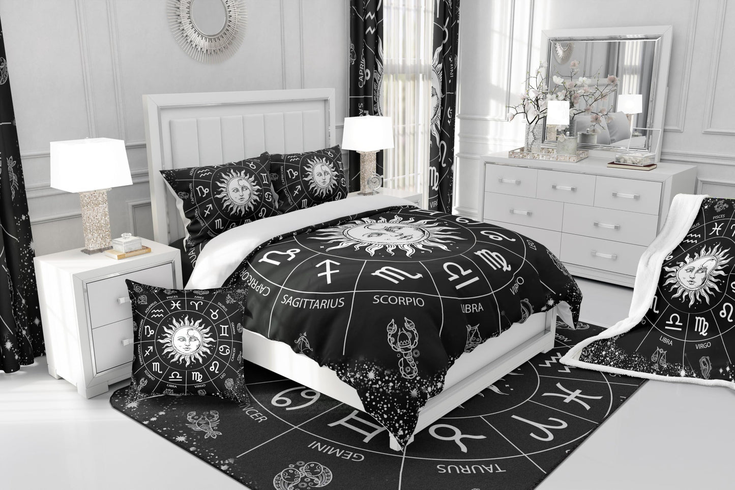 Manfei Sun and Moon Fitted Sheet Twin Size Twelve Constellations Zodiac Bedding Set 2pcs for Kids Boys Girls Bedroom Decor, Astrology Bed Cover Black and White Bed Sheets with 1 Pillowcase