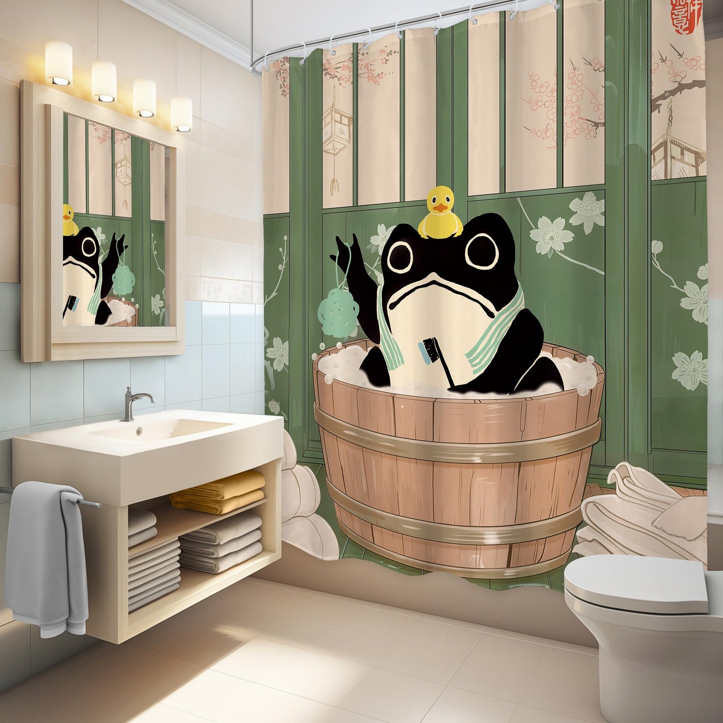 LGhtyro Funny Frog Shower Curtain Bathroom Set 60Wx71H Inches Traditional Japanese Cute Animal Cherry Blossom Kwaii Rustic Green Board Bath Accessories Rustic Retro Art Home Decor Fabric 12 Pack Hooks