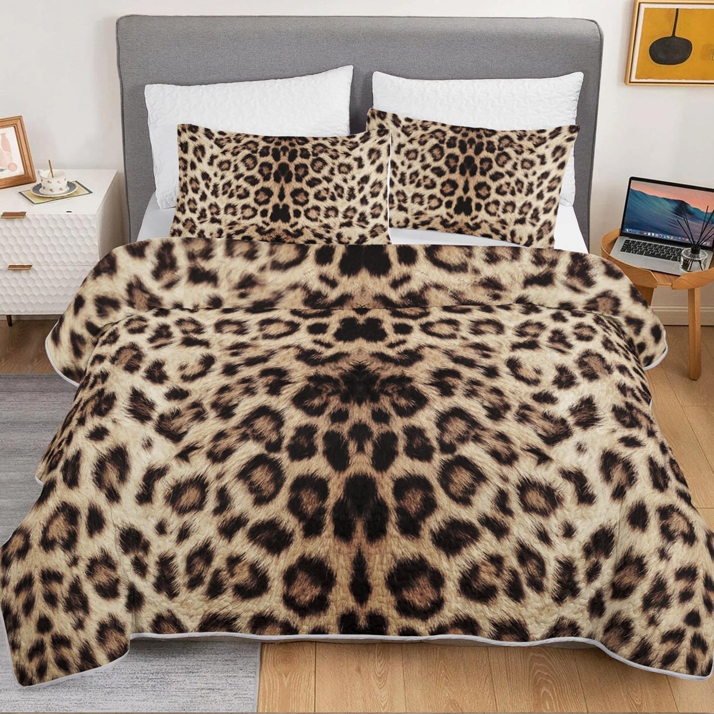 HOSIMA Leopard King Size Quilt,Brown Lightweight Animal Themed Cheetah Bedding Set,Leopard Print Soft Summer Quilts King for Adults Bedroom Decor with 2 Pillowcases.