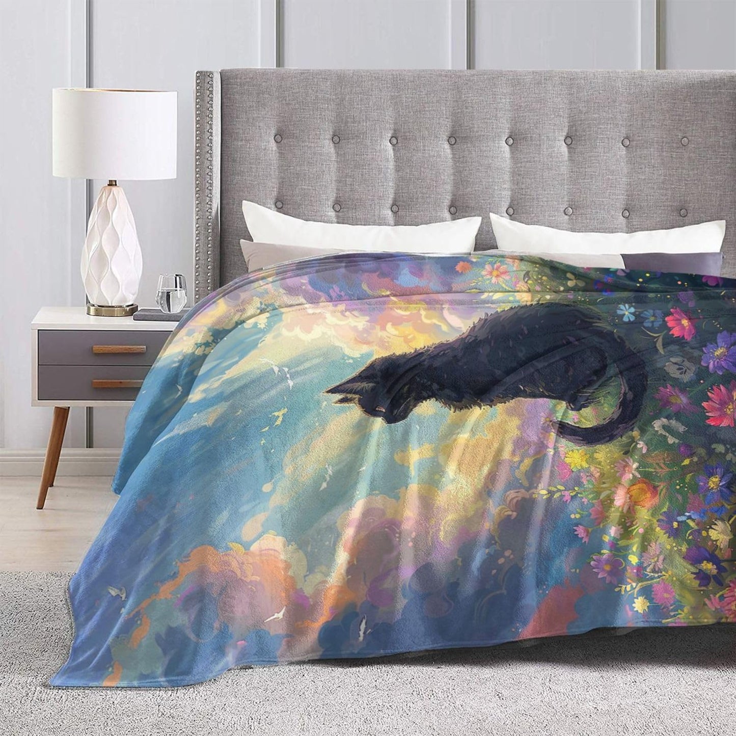 Cute Black Cat Throw Blanket Anime Cat Flannel Blankets Wild Landscape Fuzzy Plush Super Soft Cozy Warm Decor Gifts for Boys Girls Kids Adults Men Women 40" x 50"