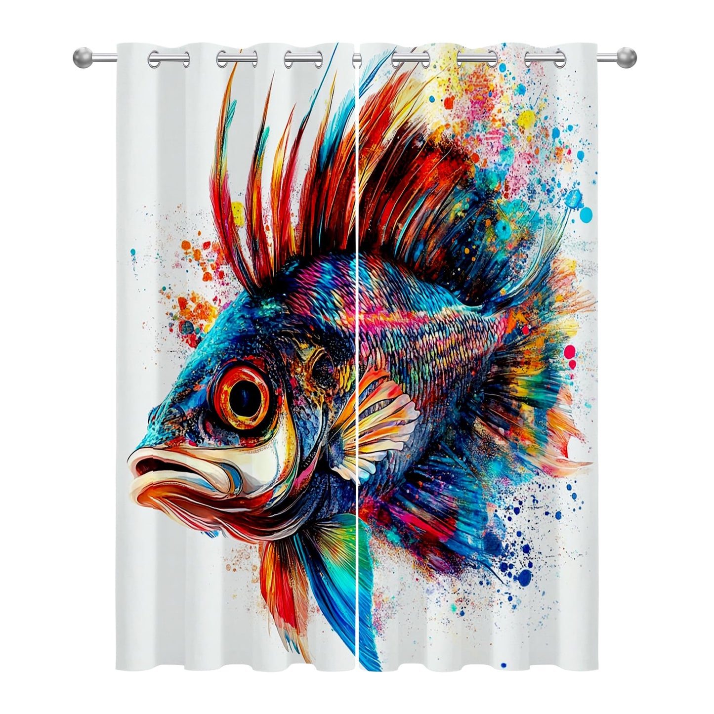 Big Pike Curtains Blackout, Colorful Fish Fishing Splatter Black Out Curtains 63 Inch Long Printed, Room Darkening Thermal Insulated Grommet Drapes for Bedroom Living Room