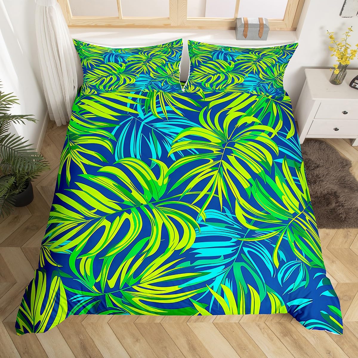 Palm Leaf Duvet Cover,Tropical Plant Comforter Cover for Kids Botany Themed Print Bed Collection,Exotic Palm Tree Natural Botanical Summer Ocean Beach Sea Hawaiian Decor Bedding Set, Queen,Green Blue