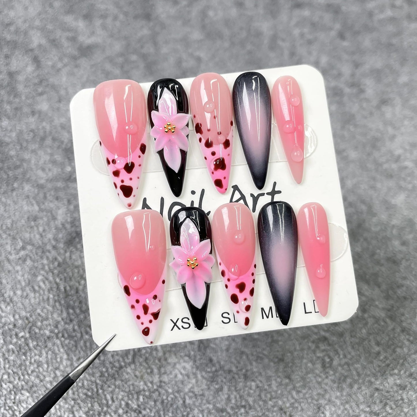 Handmade Press on Nails Almond Long Fake Nails Pink Ombre French Tip Acrylic Nails Press ons with 3D Flower Designs False Nails Luxury Full Cover Cute Stick on Nail for Women 10Pcs (Size M)
