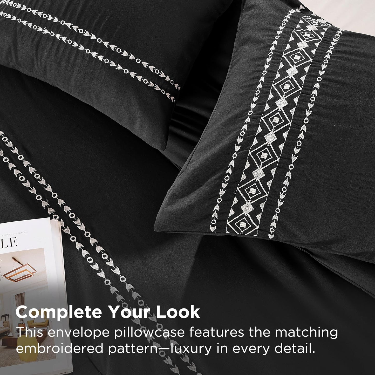 Baskbed Black Boho Embroidered Comforter Set Queen, 3 Piece Western Shabby Chic Bedding, Ultra Soft Fluffy Microfiber Comforter with 2 Pillowcases, All Season & Oeko-TEX Certified