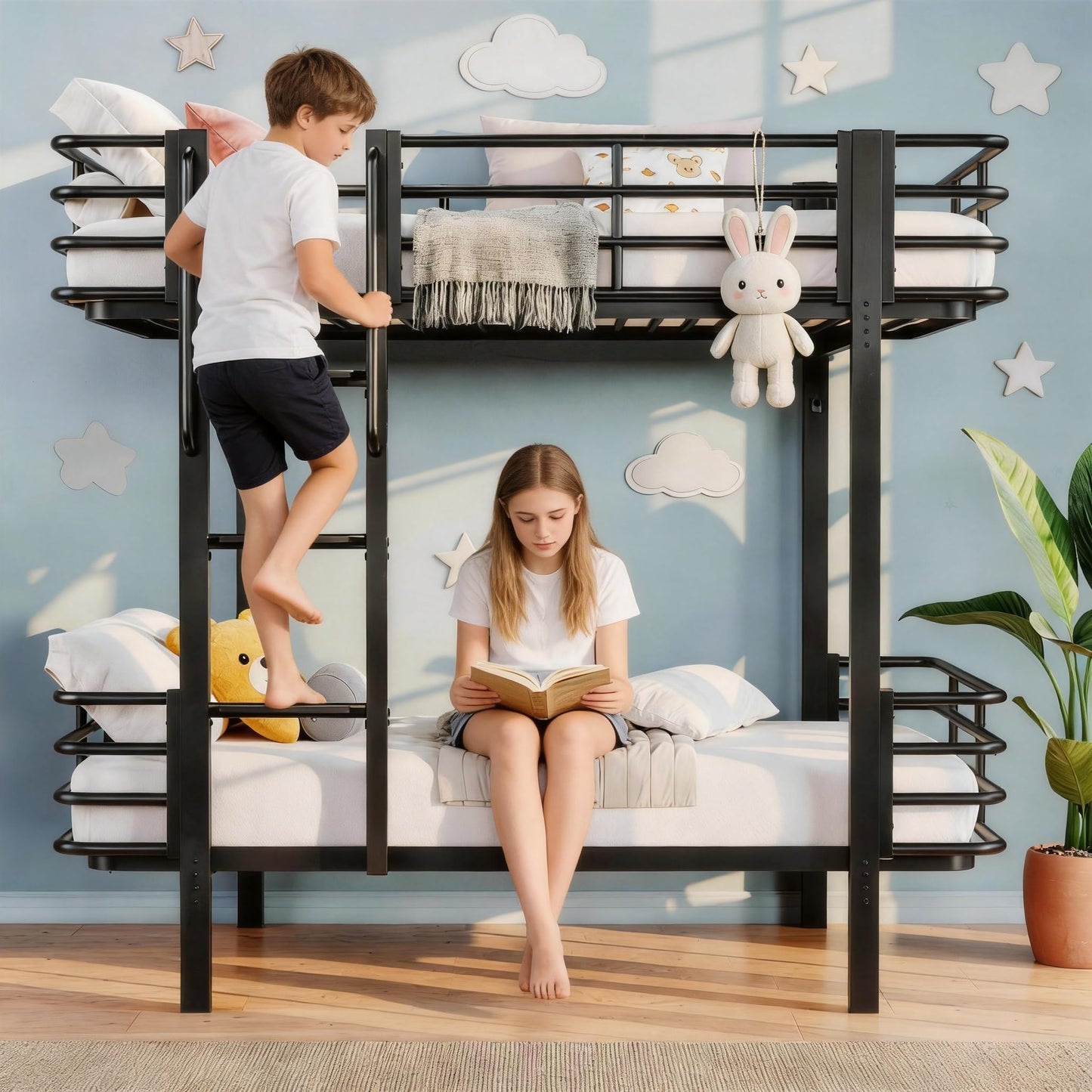 Einhomn Curved Metal Bunk Bed Twin Over Twin, Heavy Duty Bunkbeds with Safety Guardrails, Ladder with Built-in Handrails & Wide Steps, Space-Saving Design for Kids, Teens & Adults