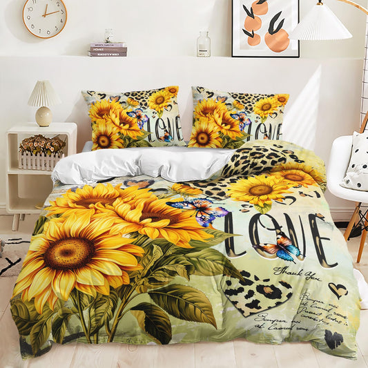 AILONEN Sunflower Duvet Cover Set King Size, Garden Flower Sunflower Quilt Cover Set,Modern Printed Leopard Hearts Comforter Cover and 2 Pillowcases,3 Pieces